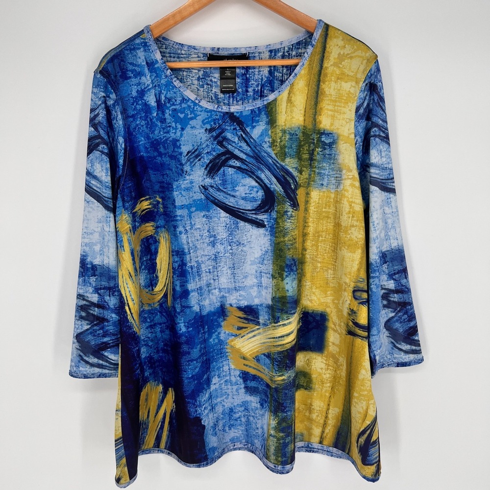 Ali Miles Tunic Top Women Sz L Colorful 3/4 Sleeve Artsy Abstract Print Blouse